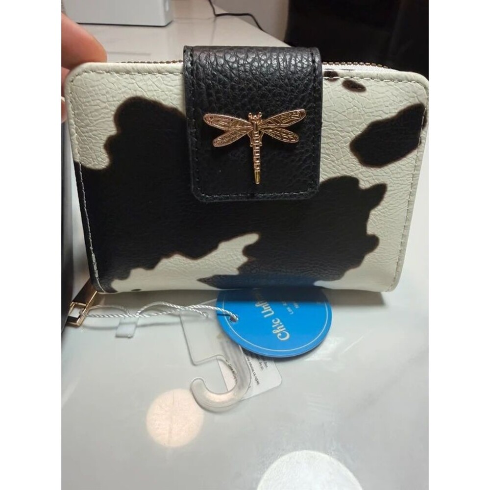 Chic Unlimited Cow Print Wallet NWT Gold Dragonfly Zip Around Bifold Black White